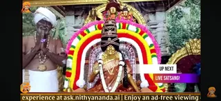 A screenshot of a live stream showing a shaved-headed man in a white dhoti and white turban, bare-chested, with palms pressed together in namaste and a large pendant on a beaded necklace, standing beside a golden deity murti of Goddess Kamakshi Amman. The murti is seated on a throne framed by a curved arch of red, yellow, green and white flower garlands with pink blossoms, and holds a white garland. A gold and green painted backdrop of temple architecture and foliage surrounds the scene. A streaming overlay shows an 'UP NEXT / LIVE SATSANG!' banner and a scrolling bar with the text 'experience at ask.a person.ai | Enjoy an ad-free viewing'. The man is a priest or devotee, and his identity is not established.