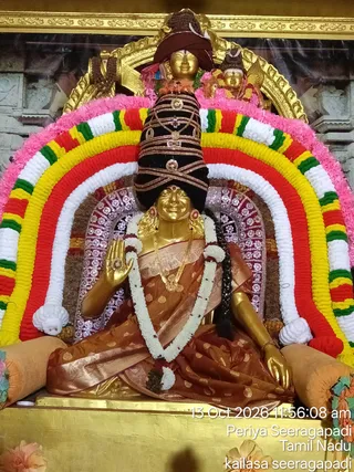 A photograph of a gilded murti of Goddess Kamakshi Amman seated in the centre of a shrine at KAILASA Seeragapadi. The goddess has a golden face and raised right hand in abhaya mudra, wears a rust-brown silk sari with gold brocade and a long white flower garland, and has a tall black crown with gold bands and jewels. Behind her a large arch of pink, yellow, red, white and green flower garlands frames the murti, with a smaller gilded deity and a Shiva-type figure visible at the top. Soft orange bolsters rest at her sides. No physical people are visible.