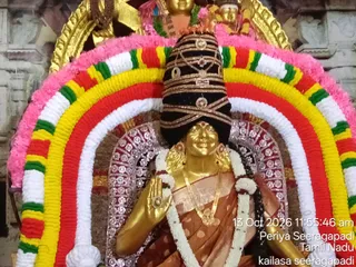 A golden deity murti of Goddess Kamakshi Amman is shown in close view, decorated for darshan. The goddess has a tall black crown wound with gold bands and jewelled ornaments, golden earrings, a gold necklace and a white flower garland. She wears an orange and gold sari and holds one hand raised in abhaya mudra. Behind her is a thick arch of braided garlands in pink, white, yellow, red and green, and a silver-embellished backdrop. Stone temple carvings and gold ornaments frame the top of the scene.