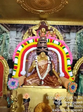 A golden deity murti of a goddess seated in padmasana-style posture on a gold pedestal, wearing a brown and gold silk sari with a gold zari border, a white jasmine garland, gold jewellery and a tall black and gold crown. Her right hand is raised in abhaya mudra. She is framed by a large arch of red, yellow, white and pink flower garlands, with flower decorations at the base, oil lamps and small figures below. The shrine backdrop shows a painted temple scene, and a golden ceiling is above. This is a temple shrine decorated for worship, with a timestamp reading 13 Oct 2026 11:55:11 am in the corner.