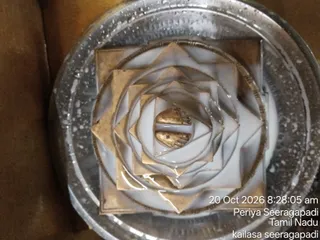 Overhead close-up of a ceremonial Sri Yantra made of silver-toned metal with concentric triangles and lotus-petal layers radiating from a central bindu. A gold-coloured oval object sits at the centre, and the yantra rests in a shallow silver tray, wet with liquid and dotted with white residue. Warm brown surface surrounds the tray.