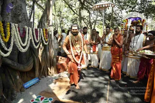 A photograph of an outdoor procession in a shaded grove beneath a large banyan-type tree whose roots are draped with garlands of yellow marigolds, white jasmine and purple flowers. In the centre a barefoot man in saffron-orange robes wears a long white flower garland, layered gold and beaded necklaces, bangles, and a face-painted, long-haired appearance; the appearance is not confidently established, so no identification is made. Behind him, men in white dhotis with gold borders, some with bare upper bodies and sacred threads, walk or stand with palms joined; one holds a tray of flowers and fruit, and another holds a silver umbrella over a decorated palanquin-style vehicle covered in garlands. A blue sign reads DO NOT ENTER THE CAVE, and a floral kolam rangoli sits on the ground at the lower left.