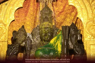 A dark stone deity murti in a gold-framed shrine niche, with water streaming down over its head and shoulders during abhishekam. The figure has a tall crown, a green and yellow draped garment, and raised hands holding ritual objects. Behind it hangs a red and gold floral cloth, and ornate gold carving frames the niche. No people are visible.