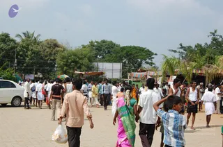 Outdoor festival scene on a paved walkway at a temple-style event, with many people walking in both directions. A woman in a pink sari with a green and gold border and a white flower garland stands near the center, holding a child's hand. Men wear white dhotis and shirts, one in a white vest and black shorts, and a boy in a blue checked shirt is in the foreground. Behind them are rows of colourful striped tents and palm-leaf decorations, a large blank white board, and tall shade trees under a pale sky. A white car is parked at the left edge.