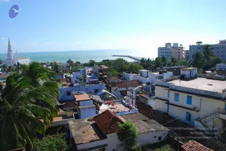 Elevated view over the coastal town of Kanyakumari on a bright day. Flat-roofed white and blue houses with terracotta-tiled roofs fill the foreground, with palm trees scattered among them. A long stone breakwater runs out into a pale blue sea on the horizon. On the left, a white ornate church with tall pointed spires stands near the shore, and modern multi-storey buildings rise on the right. No people are visible.