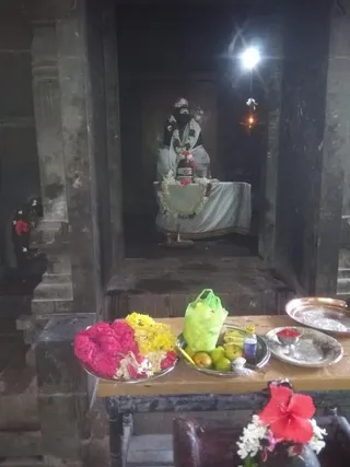 Dimly lit temple shrine photographed from in front. A seated figure. A lamp hangs from above and a brass lamp sits on the floor before the shrine. On a wooden table in the foreground are plates of marigold and rose garlands, a plate of lemons and limes beside a green cloth bag, a steel plate with red kumkum, a small bottle, and a red hibiscus bouquet. No people are visible.