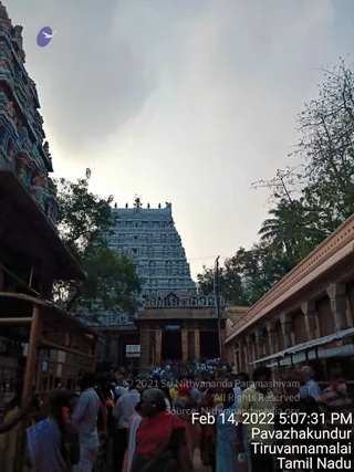 Photograph taken from ground level looking up at a tall, whitewashed gopuram (temple gateway tower) with ornate sculpted tiers, rising above a smaller colourful entrance mandapa and a dark doorway. A dense crowd of devotees fills the courtyard in front of the entrance; women wear saris in red, blue and light colours, and men wear white shirts. A tall lamp post and trees frame the scene under a grey evening sky. Painted sculptures decorate the adjacent brightly coloured tower on the left.