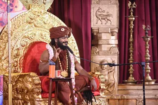 A seated man in a rust-orange turban and matching orange-brown robes sits on an ornate gold throne with a red cushioned seat, speaking into a microphone on a stand. He wears a long pink and white flower garland, a rudraksha mala with a large ceremonial pendant, and orange beaded bracelets. His long hair falls over one shoulder. A small wooden side table holds an orange water bottle and a white cup. Behind him are carved stone pillars with an elephant relief, brass oil lamps and deep red drapes. Swamiji (probable): long swept hair, orange turban, rudraksha mala and ceremonial pendant, seated on a throne as the satsang speaker.