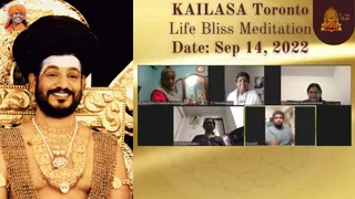A graphic with a gold background titled "KAILASA Toronto Life Bliss Meditation Date: Sep 14, 2022". On the left, a large photo shows a smiling bare-chested man with a tall black turban, white forehead markings, layered gold necklaces and a gold pendant, seated before an ornate gold throne; a small inset in the top left shows a man in an orange turban. On the right, a video-call grid shows five participants labelled Ma Nithya Dhaneswarananda, Premabhaktika, CA Ahreby Gnanachchemmal, Shakunthaladevi and Purusoth, with a mirror, framed pictures and a window visible in their rooms.