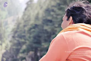 A photograph of a person seen from behind and partly in profile, looking out over a forested mountain slope. The person wears an orange-saffron top with a matching orange shawl draped over the shoulders, and has dark hair blowing loosely. Soft green conifers and misty hills fill the blurred background. Only one person is visible.