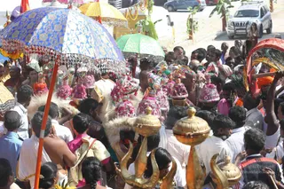A crowded street procession with many people pressing close around ornate umbrellas and decorated palanquin-style carriers. Prominent umbrellas in blue with gold patterns, green, and yellow with beaded fringe shade the scene. Several bearers wear tall, pink-and-white decorated headdresses and white fur-like adornments. A bare-chested man in white dhoti walks at left, a figure in a saffron-orange garment holds a peacock-feather fan at right, and devotees in white, pink and orange clothing line the road. Brass kalasha-like finials and a brass tall post are in the foreground, and a vehicle and palm-leaf decorations appear in the background.