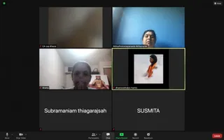 A screenshot of a Zoom video call grid with six tiles. Top-left is a blurred beige wall labelled CA-Lea Khoury. Top-right shows a woman with dark hair against a blue wall labelled NithyaPremaroopananda Nithyananda. Bottom-left shows a woman with dark hair in a white top labelled Shanta, with a printed photo of a saffron-robed figure with a crown-like headdress on the wall behind her. The highlighted tile shows a small screen-shared image of a dark-haired figure in white with an orange beaded necklace, labelled dhyanasankalpa mantra. Two tiles are name-only placeholders: Subramaniam thiagarajsah and SUSMITA. The Zoom toolbar shows Mute, Stop Video, Participants 6, Chat, Share Screen, Record, Reactions and a red Leave button.