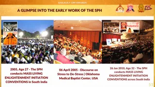 A presentation slide titled "A Glimpse into the Early Work of the SPH" under a gold banner reading "KAILASA OM AWARDS", with three photo panels and captions below. Left panel: a large outdoor crowd at night under floodlights, with an inset of a saffron-robed figure speaking; caption reads 2005, Age 27, Mass Living Enlightenment Initiation Conventions in South India. Centre panel: a packed auditorium seen from behind, with an older man in a red shirt in the foreground and a stage with a screen; caption reads 06 April 2005, Discourse on Stress to De-Stress, Oklahoma Medical Baptist Center, USA. Right panel: a large hall audience with a stage, inset showing a saffron-robed figure beside a red sign reading Kalpataru; caption reads 26 Jan 2010, Age 32, Mass Living Enlightenment Initiation Conventions across South India. Slide number 51 appears bottom right.