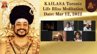 A graphic with a golden background titled "KAILASA Toronto Life Bliss Meditation Date: Mar 12, 2022". On the left, a large portrait of a smiling bearded man with a tall black turban and a crescent ornament, wearing a white tilak, a multi-strand gold necklace, rudraksha malas and orange beaded garlands, set before an ornate golden throne. On the right, a grid of six video-call tiles showing participants of a Zoom-style online meeting, several seated in their homes. Two small orange-robed portrait insets appear in the corners.