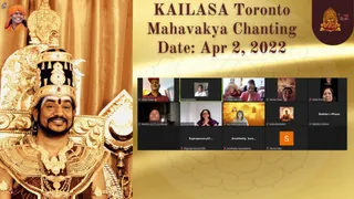 A graphic panel for a KAILASA Toronto Mahavakya Chanting session dated Apr 2, 2022. The left side shows a large photograph of a man in ornate gold regalia: a tall gold crown with black panels and a crescent, heavy gold necklaces, and a gold-brocade garment, with a gold curtain behind him. A small inset in the top-left corner shows a man in an orange turban and orange clothing. The right side shows a video-call grid of about ten online participants, several with small icons or names, against a gold background with a maroon badge and KAILASA emblem in the corner.
