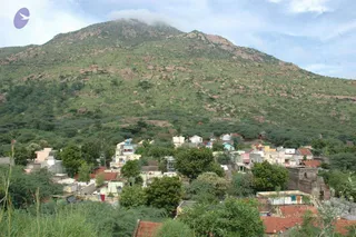 A photograph of a rocky, scrub-covered hill rising behind a dense cluster of low houses and trees in a town. The hill has bare granite outcrops across its green slopes, and a wisp of cloud sits near the summit under a pale blue sky. Houses have flat and tiled roofs in white, pink, yellow and blue, with mango-type trees among them in the foreground. No people are visible, and no deity, ritual or ashram activity is shown.