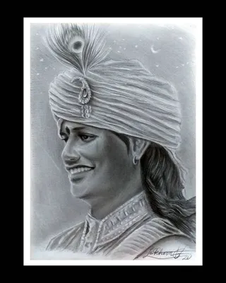 A grayscale pencil drawing of a smiling man in a pleated turban decorated with a peacock feather and a jeweled brooch, long dark hair falling behind his shoulder, a small earring, and an ornately embroidered high-collared garment. A crescent moon and small stars fill the background. The drawing is signed in the lower right corner. It is a drawn portrait, not a photograph, and no other people are visible.
