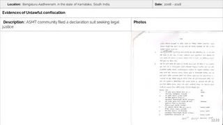 A scanned slide from a presentation titled as an evidence page, labelled Location: Bengaluru Aadheenam, Karnataka, South India, with Date 2008-2018 and heading Evidences of Unlawful confiscation. The left column has a description about a declaration suit seeking legal justice. The right column shows a photographed page of a printed Hindi-script legal document, with a numbered list of names and designations in a table, a signature and handwritten notes in blue ink at the bottom, and the page number 12.33 in the lower corner. No people are visible.