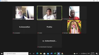 A Zoom meeting screenshot in dark mode with a 3x3-style grid of participant tiles on a Windows taskbar showing 9:20 PM 2021-12-13. Top row: an elderly man in glasses beside a cabinet and white curtain labelled "Kailasa Chellappan Kumari", a smiling woman in a white top with a mala labelled "Premabhaktika", and an elderly woman in red labelled "CA Dhaneswarananda". Middle row: tiles labelled "S.viswanathan" and "Prabha" with no video, and a tile showing a deity murti decorated with yellow and red flower garlands labelled "Vetri Selvi". Bottom tile labelled "ca shakunthaladevi Dayalingam" with no video. Only a few participants have visible video.