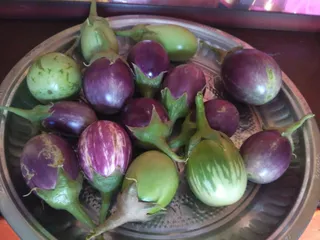 A photograph of a large round metal tray, hammered with a dotted pattern, holding a heap of small round brinjals (eggplants). The brinjals are a mix of deep purple, streaked purple-and-white, and pale green striped varieties, each with green calyxes and stems. Behind the tray is a dark wooden surface and a glimpse of reddish-pink fabric. No people are visible.