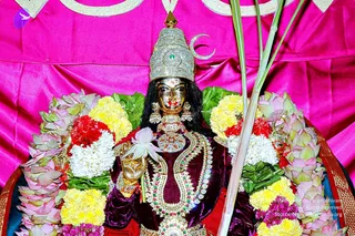 A golden deity murti stands against a hot pink satin backdrop, decorated with layered garlands of white jasmine, yellow marigold, red blooms, pink lotus petals and green leaves. The figure wears a tall silver crown with a crescent moon, a purple velvet blouse and heavy jewelled necklaces with green and red stones, and holds a lotus flower in one hand. A tall palm-like stalk rises beside it. The image is a festival decoration, with no people visible.