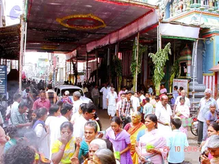 A crowded street procession in a South Indian town under a long dark canopy strung with a golden circular emblem, lined with banana plants and bamboo poles. Many devotees fill the road: a woman in a pink sari holds a green leaf packet, an older woman in a yellow-orange sari stands center, a girl in a lavender salwar holds a leaf, and men in white dhotis and shirts walk among them. A colourfully painted temple gopuram with sculpted figures rises at right, and a small shrine niche stands beside the road. Some devotees hold up burning lamps or offerings. Scattered visible people number well over twenty.