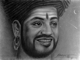 A black-and-white pencil drawing portrait of a smiling bearded man wearing a tightly wound turban, with a vertical tilak mark on his forehead and a hoop earring in his left ear. The background shows a starry night sky with a crescent moon and a shooting star. A signature and the year 21 appear in the lower right corner. The drawing depicts a single figure, a person depiction by appearance cues of turban and forehead marking, but the image is a drawing and not a photograph of a physical person.