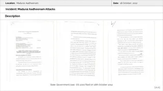 A scanned slide from an incident presentation titled Madurai Aadheenam Attacks, dated 18 October 2012, showing three pages of a typed legal document laid side by side on a light background. The pages are dense black typeset text with a court heading and numbered paragraphs, with a bold underlined block near the top of the left page. A caption below reads State Government case OS 1000 filed on 18th October 2012, and a slide number 14.41 appears at the lower right. No people are visible.