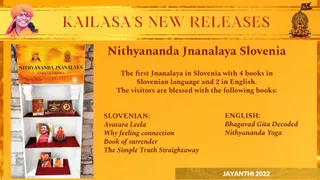 A graphic slide titled "KAILASA'S NEW RELEASES" on a golden background with a small orange-robed smiling figure at upper left and a deity image at upper right. Left panel photograph shows a white shelf display under a banner labelled "NITHYANANDA JNANALAYA" with books, a framed portrait of a bearded figure, and a small framed photo. Right side text announces the first Jnanalaya in Slovenia with books listed in Slovenian and English. No physical people are present in the scene.