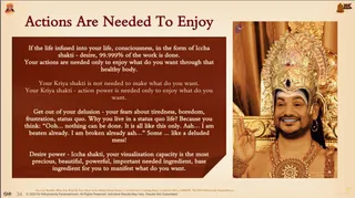 A presentation slide titled "Actions Are Needed To Enjoy" with a dark red text panel of white motivational text on the left. On the right is a photograph of a smiling man in an ornate gold crown with a red gem, a gold necklace and bare shoulders, raising one hand in a gesture of blessing against a golden background. The slide footer reads a 2022 copyright line and slide number 34. a person: the man wears a gilded crown and gold ceremonial adornments, and his appearance is consistent with the page's reference to a person, but the presenter is shown only as a depiction on a slide.