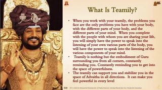 A slide titled "What Is Teamily?" with a photo on the left and bulleted text on the right. The photo shows a smiling bearded man wearing a maroon turban with gold and jewelled ornaments, a gold necklace layered with beads and coins, a gold-embroidered garment, and beaded bracelets, raising one hand in a blessing gesture while seated before an ornate gold throne. The slide's text describes teamily as the embodiment of Guru and a source of support and empowerment.