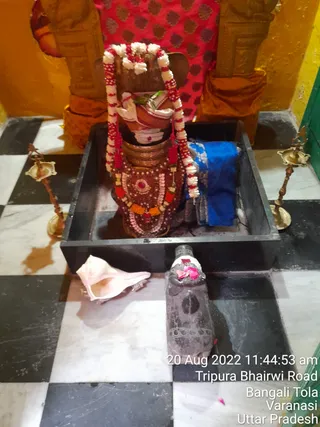 Photograph of a shrine interior with a dark stone deity murti draped in red and white flower garlands, a red and gold embroidered cloth, and a blue cloth at its side, set inside a black stone frame on a black and white checkered marble floor. Brass oil lamps stand on either side, a white conch shell rests on the floor, and a small dark stone lingam with red flower petals sits in front. Gold and orange drapes frame the back wall. No people are visible.