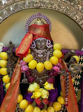 Photograph of a bronze-toned murti of Sri Kalabhairava in a temple shrine, adorned with a garland of yellow lemons, red and pink roses, and yellow roses. The deity wears a red and gold brocade cloth tied over a jeweled crown with red stones, a pearl and ruby necklace, and a dark purple lower cloth. He holds a trident and a ceremonial sword-like object in his raised hands. A gold arched frame with repousse design surrounds the shrine, and purple fabric drapes the backdrop. No people are visible.