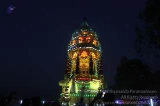Night photograph of an illuminated temple chariot (ratha) lit with strings of coloured fairy lights in green, yellow and orange against a dark sky. The tall tiered, domed superstructure is decorated with glowing lamps and hanging garlands of flowers, with a central deity murti visible on the lower platform. A figure in white stands near the front of the chariot beside a white fan-like ceremonial whisk. Dark silhouettes of spectators with raised hands and phones occupy the lower foreground, and multicoloured lights line the ground at the bottom right.