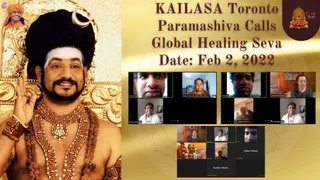 A multi-panel graphic titled "KAILASA Toronto Paramashiva Calls Global Healing Seva Date: Feb 2, 2022" on a gold background. The left panel shows a large photograph of a man with a tall black hair crown, a crescent ornament, a white forehead band, ornate gold ornaments, and layered rudraksha malas over a bare chest, one hand raised in a blessing gesture against a gold throne. Smaller panels on the right show Zoom video-call grids of participants, including a woman in white and a man in white, with names such as a person-style display labels visible on screen. The graphic is a screen-capture style collage with no physical people present.