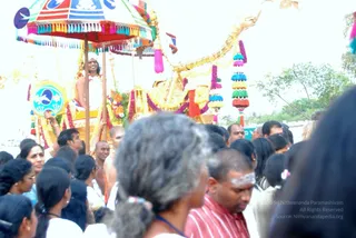 Outdoor festival procession with a decorated ratha chariot topped by a striped canopy umbrella with tassels and a gold-painted serpent-shaped carved cornice. A man in white clothing stands on the chariot, raising a hand, surrounded by marigold and orange garlands and hanging tassels in pink, blue and green. Below, a crowd of devotees walks close around the chariot. A bald man in orange and a shirtless man with a white sacred marking on his forehead stand nearby; in the foreground an elderly woman with grey hair and a man in a red striped shirt with white ash marks on his forehead are visible. Trees and a pale sky sit in the background.