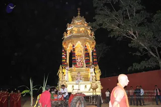 Night procession with a golden, multi-tiered ratha-style shrine on a white and red tractor-drawn platform. Inside the illuminated golden canopy, a deity murti (Ganesha-like form with elephant head) sits in a gold shrine niche, framed by hanging multicoloured flower garlands. Gold-painted attendant figures stand at the corners and banana plants flank the vehicle. A tractor driver in a white shirt sits at the wheel and a man in a red shirt walks beside the platform. On the right, a bald man in orange robes with a shawl and a beaded wrist band walks in the foreground. Several people in red robes and white clothing line the left side, and a small crowd of men in casual shirts stands along a red wall at right.