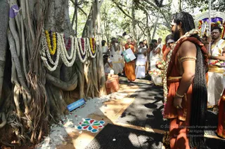 Outdoor ritual beneath a large banyan tree with aerial roots, its trunk draped with a garland of white jasmine and marigold-yellow and purple flowers. A small rangoli of coloured dots sits on the ground near a blue sign reading DO NOT SHAKE THE TREE. On the right, a man with long dreadlocks and a full beard wears an orange-saffron cloth over his shoulder and a flower garland, with gold bangles on his arm, facing the tree. Behind him, several men in white dhotis and gold-bordered shawls hold brass plates of flowers and fruit, and a man in an orange robe stands among photographers taking pictures. A canopy with purple and flower decorations stands at the right edge. The scene suggests a devotional ceremony at a sacred tree.