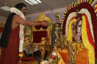 A man in a long reddish-brown robe and a white flower garland stands at left, offering green leaves with his right hand toward a golden throne draped with a tiger-striped cloth and a red seat cushion. At right, a murti of a saint, dressed in red and silver-embroidered ornaments and a crown-like headdress, sits within a large arch of red, yellow, white and orange marigold and rose garlands. Brass lamps and flower offerings stand before the altar. a person candidate presence is uncertain given only the robe and garland.