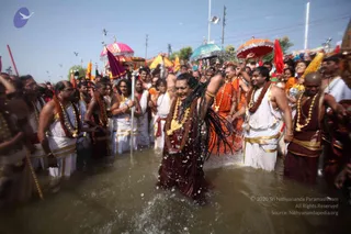 A photograph of a shahi snan river procession wading through shallow water with splashing spray. In the centre, a man with long dark swept-back hair wears a maroon-brown dhoti and a large gold ceremonial necklace with a garland, lifting one arm as water flies around him. Around him, many devotees in white dhotis with gold borders, rudraksha malas and marigold garlands walk or wade; others wear orange and maroon robes. Behind them, pink, orange and teal ceremonial umbrellas, red and yellow flags and a tall staff rise above the crowd, with a sunny blue sky and poles along the far bank.
