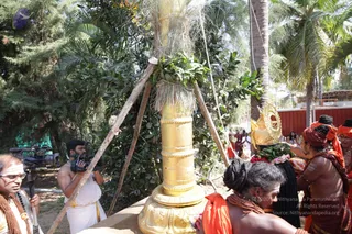 A golden ceremonial pillar with ornate base and bands stands outdoors among palm and leafy trees, wrapped at its top with dry straw and green leaves, supported by wooden poles. A man in a white dhoti and a man with glasses and rudraksha beads on the left operate a camera on a tripod. On the right, a bare-chested man with a red turban and orange cloth, and a woman in an orange sari with a coral necklace, stand beside a figure in a gold crown and red-and-white floral garland. Other devotees in orange and white stand in the background near a red structure.