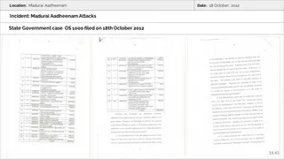 A presentation slide titled Incident: Madurai Aadheenam Attacks, with a header reading Location: Madurai Aadheenam and Date: 18 October, 2012. The slide shows three pages of a State Government case document, OS 1000 filed on 18th October 2012, displaying scanned tables of numbered rows with Tamil script and figures, and dense printed legal paragraphs in English. No people are visible; the image is a scanned document slide.