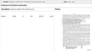 A scanned archive table page on a white background with a grey header row. Top row shows a location field reading Bengaluru Aadheenam, in the state of Karnataka, South India and a date field reading 2008 - 2018. Below, a bold heading reads Evidences of Unlawful confiscation, followed by a Description cell containing the line Appeal made in the district court. The right column, labelled Photos, holds a small page of dense Hindi-script typed text in numbered paragraphs with bold headings and signatures, and a page number 12.49 at the lower right. No people are visible.