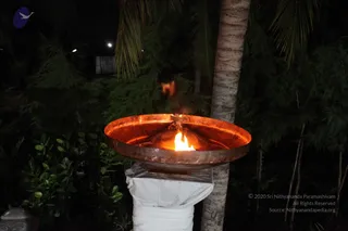Night photograph of a large copper bowl-shaped oil lamp burning with a bright flame, set atop a white-wrapped pedestal beside a palm tree, with dark foliage behind it. A small glow of a second lamp is visible further back among the trees. No people are visible; the scene suggests the lighting of a deepam lamp outdoors at night.
