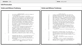 A scanned document page presented in a two-column layout titled USA Persecution, with two panels labelled Victim and Witness Testimony. Each panel shows a typed transcript page of court testimony with numbered lines, a page number at the bottom and a small corner label reading 15.1.1 US. The left page discusses a credibility assessment of a witness, the protection order and a meeting in Los Angeles. The right page continues with findings of fact, a judge's statement and a court directive that the defendant remain in custody. No people are visible.