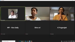 A Zoom meeting screenshot showing a grid of six video tiles with a dark interface. Top-left, a woman with short dark hair wears a white top and a dark beaded necklace, her photo shown inside a tile. Top-centre, a woman with a red tilak on her forehead and a dark necklace speaks, wearing a white top in a plain room. Top-right, a woman in glasses and an orange-yellow sari presses her palms together in anjali against a window with white blinds. Three lower tiles show only names: MY - Oon Sally, Sitra sri and G Yogarajah. The taskbar and clock show 8:58 AM on 9/16/2021.