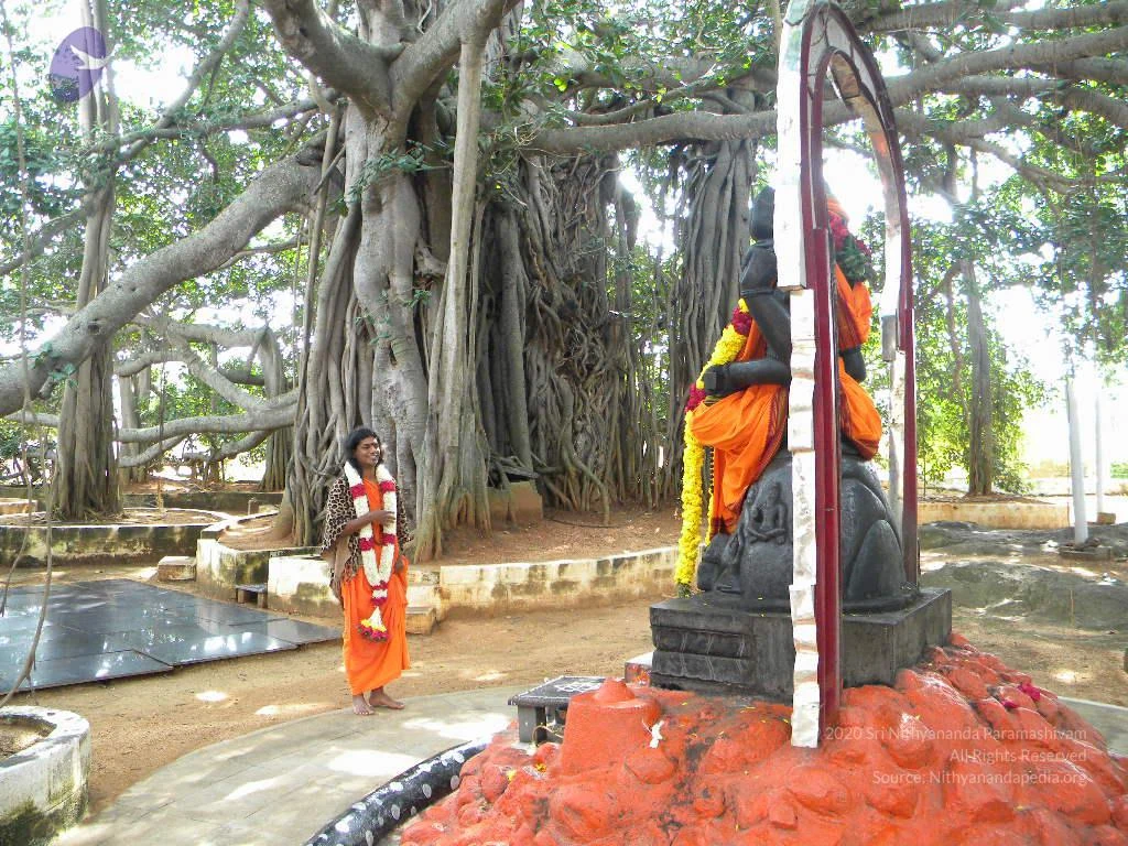Outdoor photo beneath a large banyan tree with dense aerial roots. A person in an orange-saffron wrap and a patterned shawl stands barefoot on a dirt path, wearing a white and red flower garland. To the right, a large black stone statue of a seated deity is draped in orange cloth and a yellow-and-red marigold garland, set on a black pedestal and a base smeared with red paint. A red-and-white arch frames the statue. A dark paved area lies to the left.