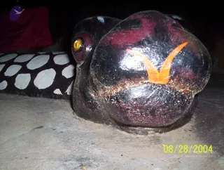 Close-up photograph of a large glossy black-and-maroon carved animal head resting on a concrete floor, with a yellow glass-like eye and an orange V-shaped marking on its forehead. Beside it stands a black bench or platform painted with white oval spots, and a red cloth hangs in the upper left corner. The scene is dimly lit and has no people visible. A date stamp reads 08/28/2004 in the lower right.