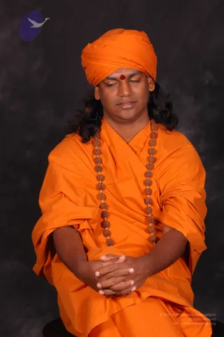 A seated man in an orange-saffron turban and matching orange draped robes sits with eyes closed and hands clasped in his lap against a dark grey mottled backdrop. A red bindi marks his forehead, and long dark wavy hair falls past his shoulders. Multiple brown rudraksha beads hang in long mala strands across his chest. A small purple and white bird logo appears in the upper left corner, and a copyright notice appears at lower right. Appearance-based label: Swamiji (probable), seated in a meditative pose, based on the saffron turban, flowing hair and rudraksha malas.