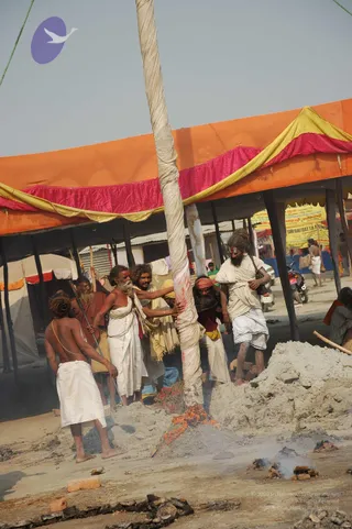 A photograph at the Allahabad Kumbh Mela of several sadhus handling a tall white cloth-wrapped pole, marked with red and orange, standing upright on a mound of grey ash and dirt. Several bare-chested or lightly clad men in white dhotis and cloths, some with matted long hair and beards, grip the pole and push it into place. One man in a red and yellow turban and another in red clothing assist. Marigold garlands are tied at the base, small fires smoulder in the foreground, and an orange and yellow striped canopy stands behind. A yellow and white banner in Hindi reads Sri Gai Datta Ashram beside the tent. Visible people: about six.